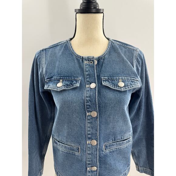Madewell Denim Crop Jacket Band Collar Blue Jean Chambray Top XS NEW - Picture 2 of 11